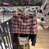 Ifomt Orange Plaid Leather Buckle Skirt For Women High Waisted Pleated Short A-line Women's Skirts Fashion Street Style Clothes Y2k