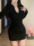 IFOMT Long Sleeve Dresses for Women Black Sexy Club Bodycon Mini Dress Y2k High Waist Ladies Korean Short Dress Basic Autumn Winter