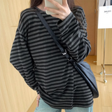 IFOMT Spring Autumn Women Harajuku Striped T Shirt Long Sleeve O-Neck T-Shirts Korean Casual Oversized T Shirt Femme Black Tops