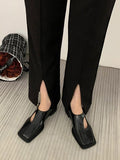 IFOMT Buckle Hollow Split-Joint Square-Toe Flat Shoes Loafers