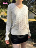 Ifomt 2025 American V-neck Sweater Twist Pullover Long Sleeve Sweater Girls Fashion Streetwear Solid Color Versatile Loose Y2K Top