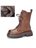 IFOMT Vintage Cow Leather Mid Heels Height Boots