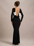 IFOMT Elegant Backless Bows Maxi Dress Female Chic Bodycon Long Sleeve Club Party Outfits Fashion Black Dresses Vestido Ladies