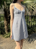 Ifomt Blue Plaid V-neck Mini Dress Women Summer Casual Buttons Lace Trim A-line Short Vestidos Vintage Sweet Preppy Style Y2K Dresses