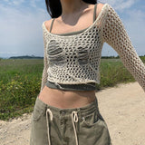 IFOMT Outfits Knit Rib Holloe Out Slash Collar Long Sleeve Trassel High Waist Crop Top Tank T Shirts Autumn Casual Wholesale Clothes