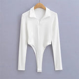 IFOMT White Bodysuit Women Tops Spring Long Sleeve Zipper Turn-down Collar Sexy Bodysuits Y2K One Piece Slim Bodycon RompersChristmas Gifts