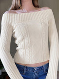 IFOMT Knit Braided Pattern Boat Neckline Slim Fit Crop Sweater