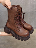IFOMT Vintage Cow Leather Mid Heels Height Boots