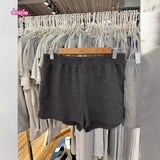 Ifomt Solid Sweat Shorts Women Elastic High Waist Side Split Straight Short Pant Casual Simple Basic Streetwear Cotton Shorts