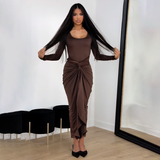 IFOMT Outfit Women'S Autumn And Winter Elegant Package Hip Long Dress Solid Color Simple Twist Tie Long Sleeve Long Dresses