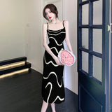 IFOMT French Vintage Elegant Strap Long Dress High Grade Wave Stripe Knitted Mid length Dresses Women's Autumn Ladie Party Clothing