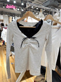 Ifomt Bow Gray V-neck Long Sleeve Tees Lace Trim V-neck Tight Women T-shirt Autumn Spring Solid Color Casual Crop Top Y2K Tight Tshirt
