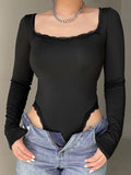 IFOMT Spring Outfits Black Lace Trim Square Collar Skinny Sexy Long Sleeve Bodycon Bodysuit Women Solid Basic Elegant Autumn Winter Rompers