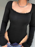 IFOMT Spring Outfits Black Lace Trim Square Collar Skinny Sexy Long Sleeve Bodycon Bodysuit Women Solid Basic Elegant Autumn Winter Rompers