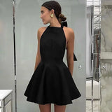 IFOMT Sexy Halter Neck Hollow Dress For Women Black High Waist Sleeveless Mini Dress Female A-Line Niche Fashion  Party Dresses