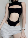 IFOMT Spring Outfits Solid Cut Out Sleeveless Skinny Half High Collar Bodycon Bodysuit Women
