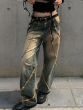 IFOMT Low Rise Washed Furry-Trim Straight-Fit Jeans