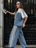 Ifomt Striped Short Sleeved Pants Sets Women Patchwork Lapel Zipper Jacket Elastic Waist Straight Trouser 2025 Summer Casual Lady Suit