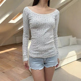 Ifomt Lace Trim Floral Print Sweet Slim Women T-shirts For Autumn Spring Tight Long Sleeve Tshirt Top Round Neck Y2K Street Tees