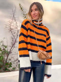 IFOMT Party Otufit Elegant Turtleneck Women's Sweater Orange Striped Patchwork Knitted Pullovers Knitwear Long Sleeved Top 2024 Autumn Loose Jumper