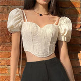 IFOMT Outfit Women's Vintage Y2K Crop Tops Sweetheart Neck Puff Short Sleeve Tie-Up Ruched Stretchy Triangle Hem Pullover T-Shirts