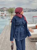 Ifomt Retro Belt Denim Pants Set Women Lapel Pockets Long Sleeved Jacket Zipper Straight Leg Jeans 2025 Spring High Street Female Sets