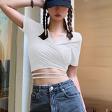 IFOMT Summer Casual Tee Tops Women T shirts Solid V-neck Sexy Cropped Top Cross Tie-Up Harajuku Basic Korean Street T-shirts mujer Y2k