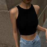 IFOMT Women Solid O Neck Ribbed Sleeveless Tank Top Camisole Women Summer Basic Elastic Black Crop Top Ladies