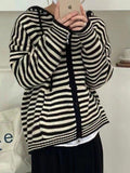 IFOMT Hooded Striped Long Sleeve Knit Cardigan