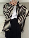 IFOMT Hooded Striped Long Sleeve Knit Cardigan