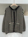 IFOMT Hooded Striped Long Sleeve Knit Cardigan