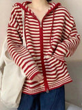 IFOMT Hooded Striped Long Sleeve Knit Cardigan