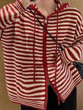 IFOMT Hooded Striped Long Sleeve Knit Cardigan