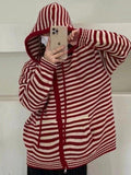 IFOMT Hooded Striped Long Sleeve Knit Cardigan