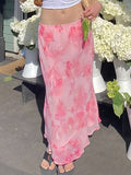 IFOMT Pink Chiffon Midi Skirt with Floral Print