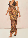 IFOMT Leopard Print Lace Maxi Dress