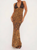 IFOMT Leopard Print Lace Maxi Dress