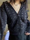 IFOMT Lined Detail Skull Heart Zip Up Hoodie