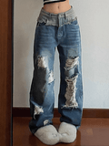 IFOMT Patchwork Distressed Straight Leg Ripped Jeans