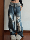 IFOMT Patchwork Distressed Straight Leg Ripped Jeans