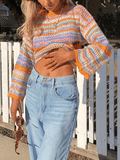 IFOMT Rainbow Stripe Crochet Knit Sweater