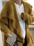 IFOMT Solid Color Big Lapel Neck Tassel Trim Cardigan