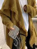 IFOMT Solid Color Big Lapel Neck Tassel Trim Cardigan