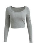 IFOMT Solid Color Long Sleeve Knit Crop Top