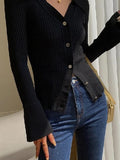 IFOMT Solid Color Ribbed Metal Button V Neck Cardigan