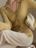 IFOMT Solid Color Ribbed Metal Button V Neck Cardigan