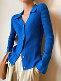 IFOMT Solid Color Ribbed Metal Button V Neck Cardigan