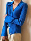 IFOMT Solid Color Ribbed Metal Button V Neck Cardigan