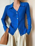 IFOMT Solid Color Ribbed Metal Button V Neck Cardigan