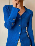 IFOMT Solid Color Ribbed Metal Button V Neck Cardigan